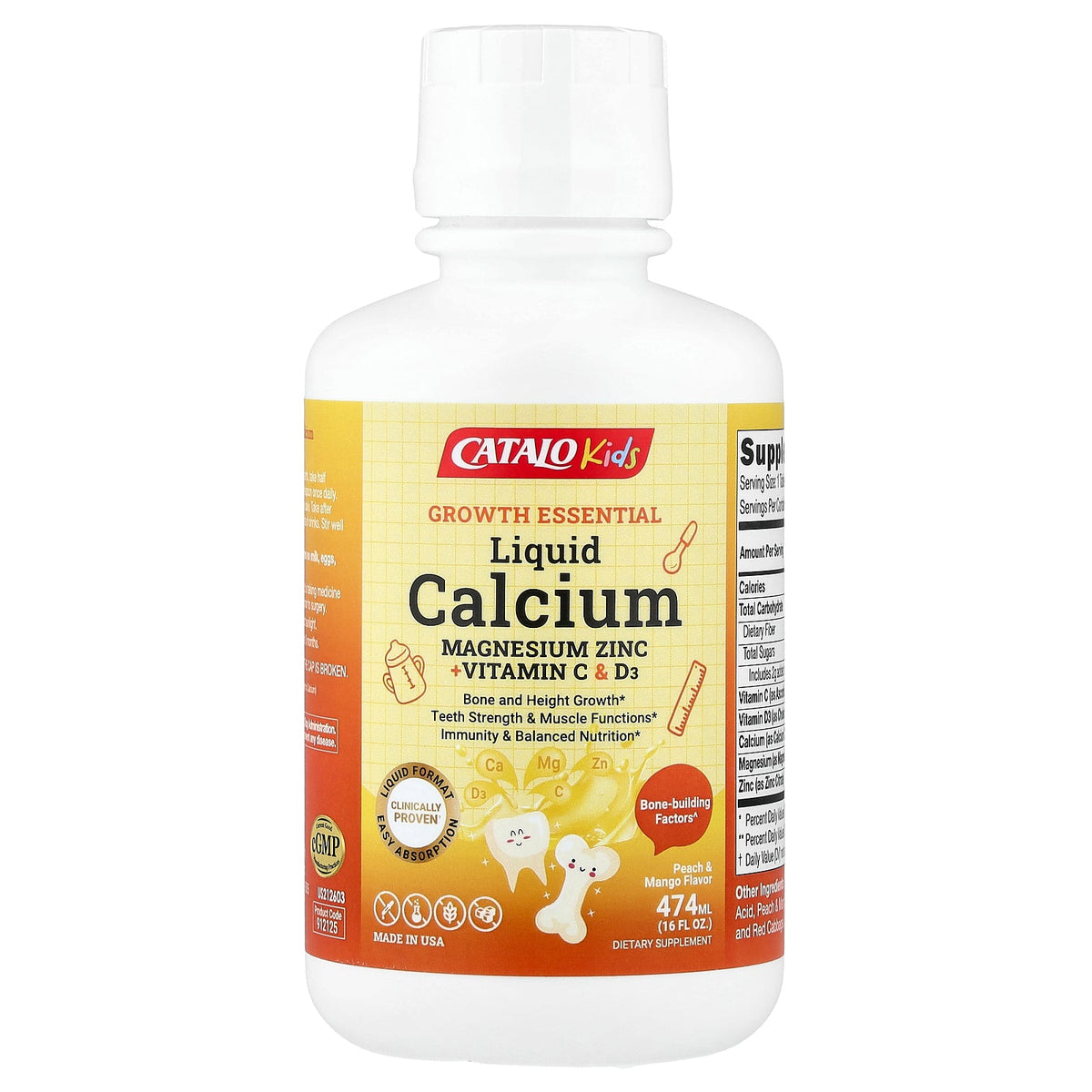 CATALO, Kids Liquid Calcium, Magnesium Zinc + Vitamin C & D3, Peach & Mango, 16 fl oz (474 ml)