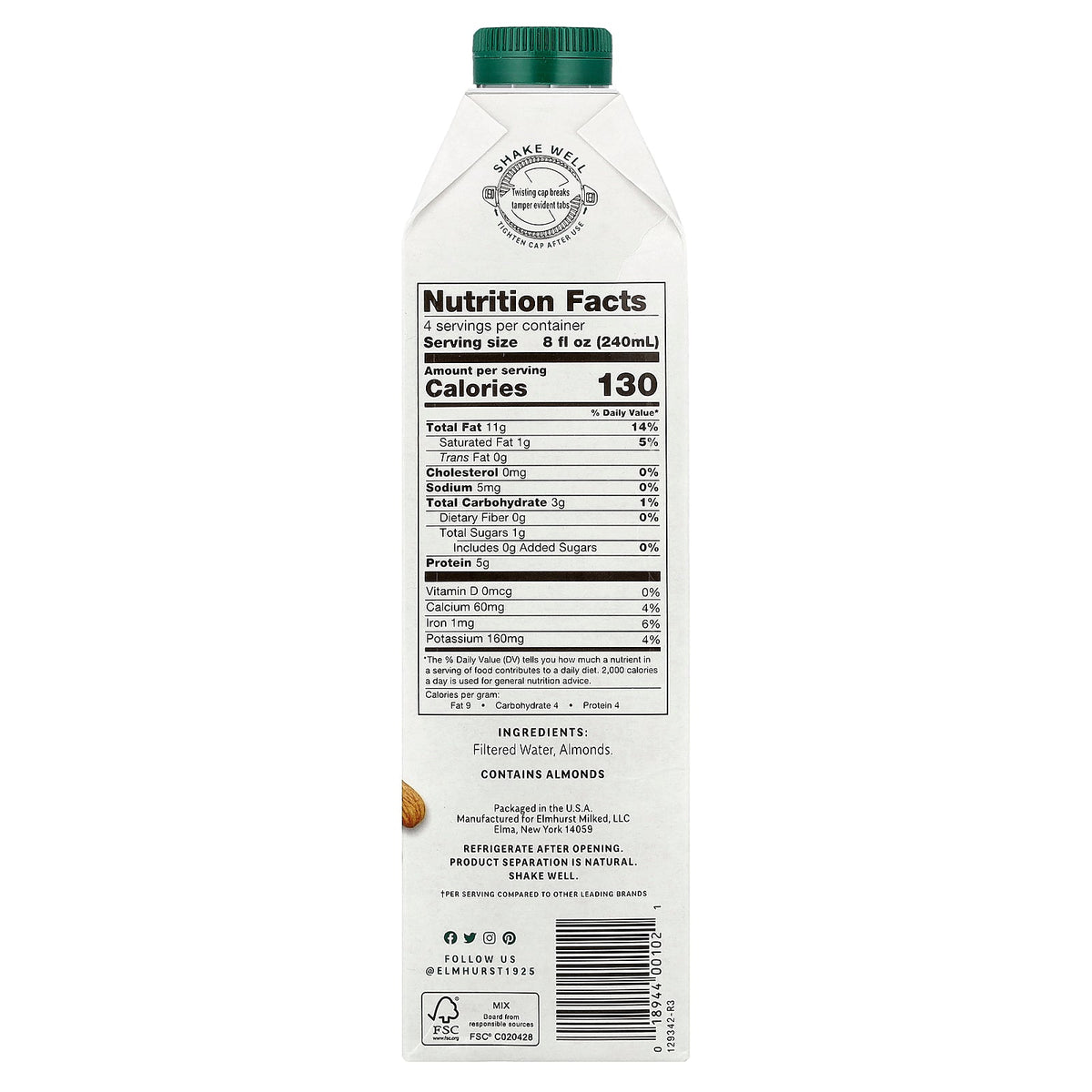 Elmhurst, Milked Almonds™, Unsweetened, 32 fl oz (946 ml)