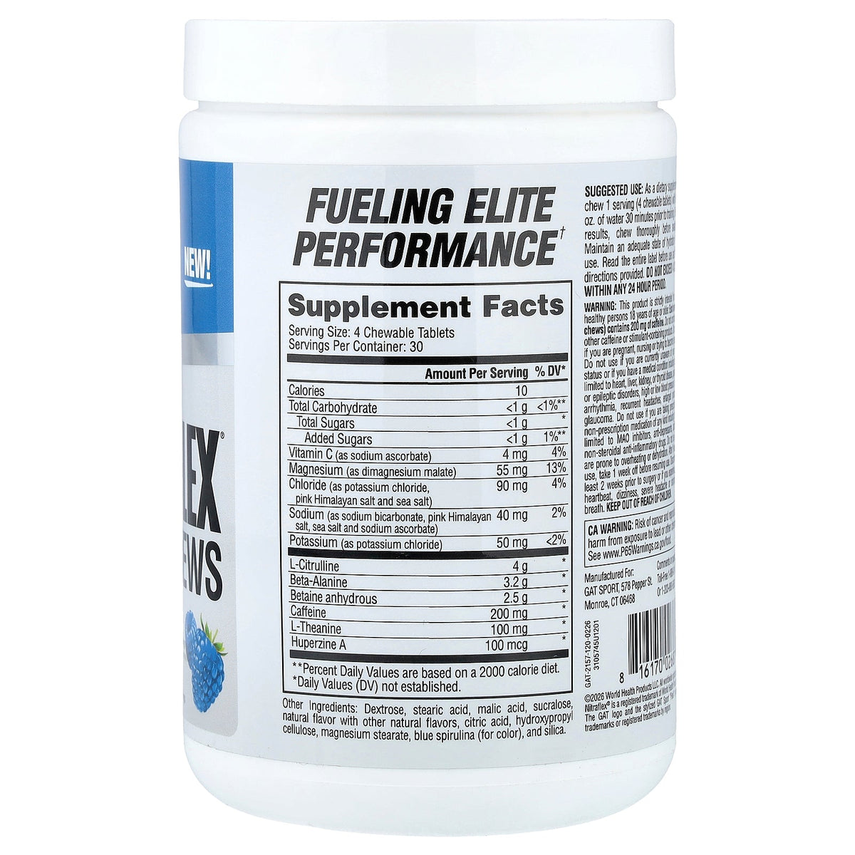 GAT, Sport, Nitraflex® Chews, Explosive Pre-Workout, Blue Raspberry, 120 Chewable Tablets