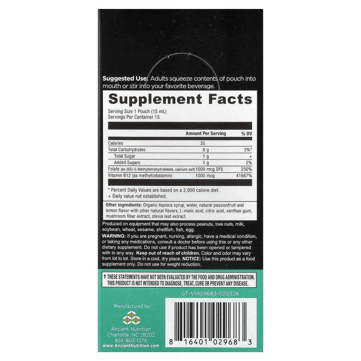 Ancient Nutrition, Methylated B12, Passionfruit Lemonade, 15 Gel Packs, 0.5 fl oz (15 ml) Each