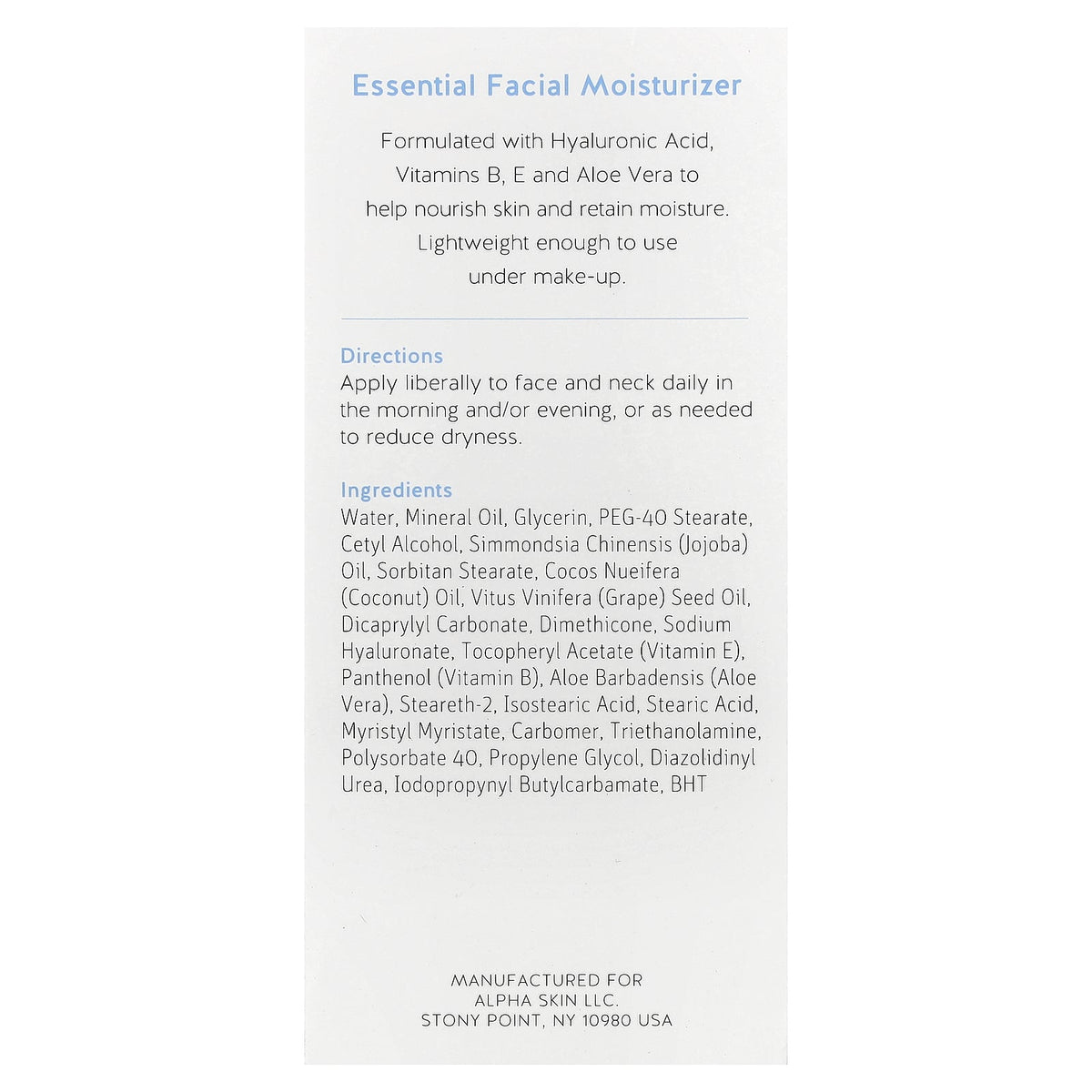 Alpha Skin Care, Essential Facial Moisturizer with Hyaluronic Acid, For Normal to Dry Skin, 2 oz (56 g)