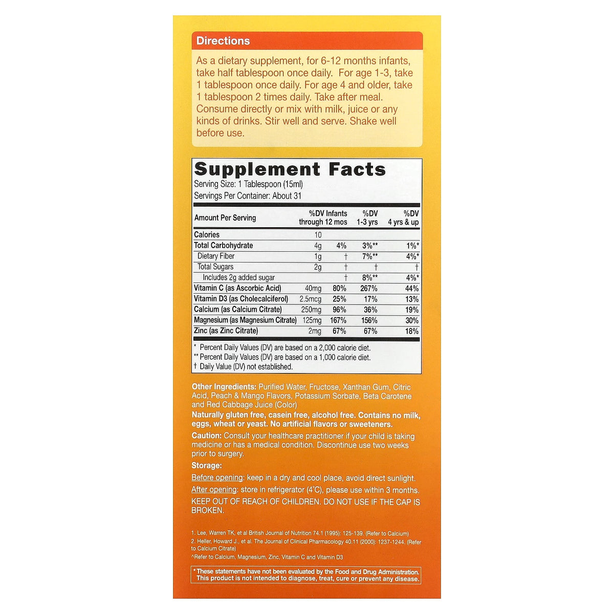 CATALO, Kids Liquid Calcium, Magnesium Zinc + Vitamin C & D3, Peach & Mango, 16 fl oz (474 ml)