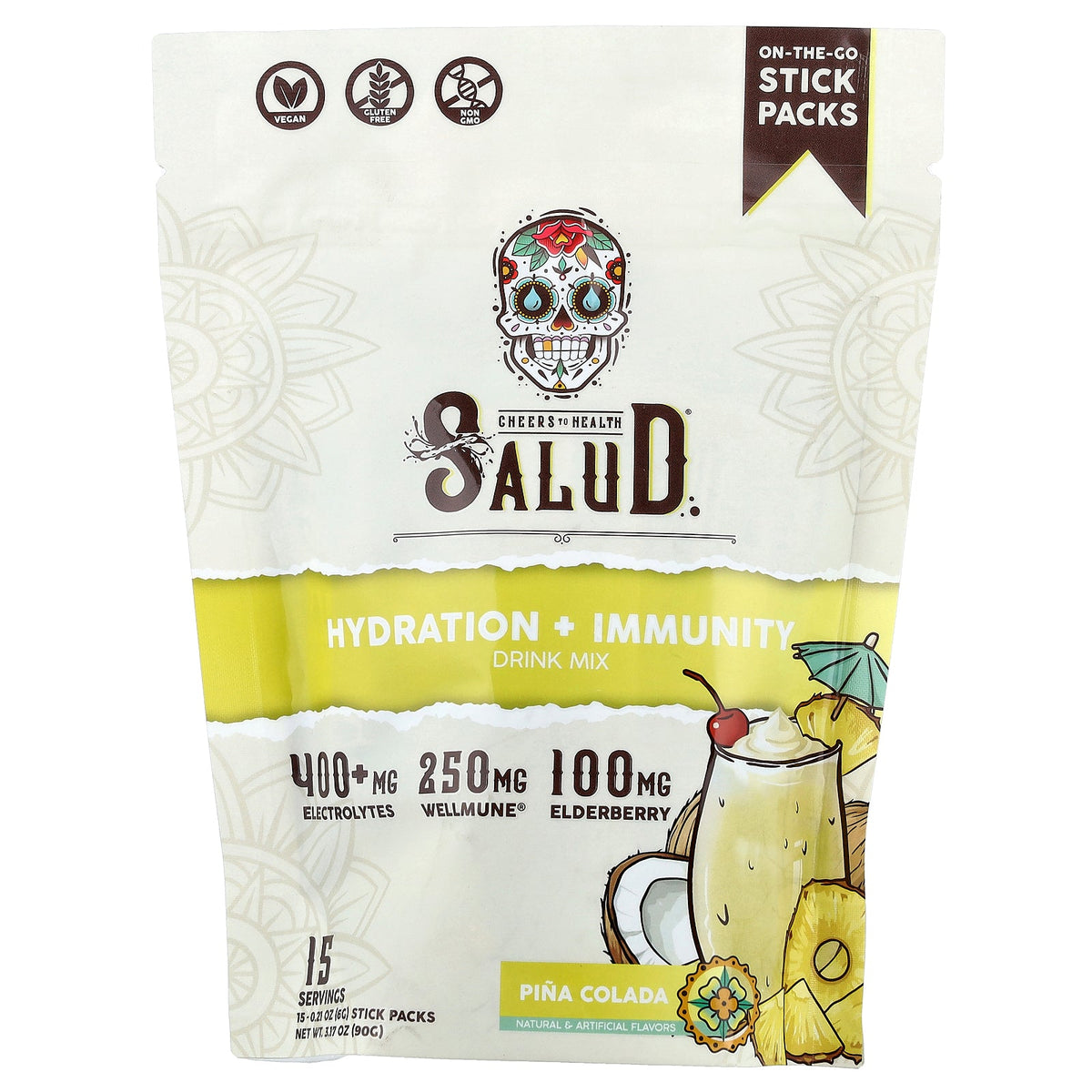 Salud, Hydration + Immunity Drink Mix, Pina Colada, 15 Stick Packs, 0.21 oz (6 g) Each