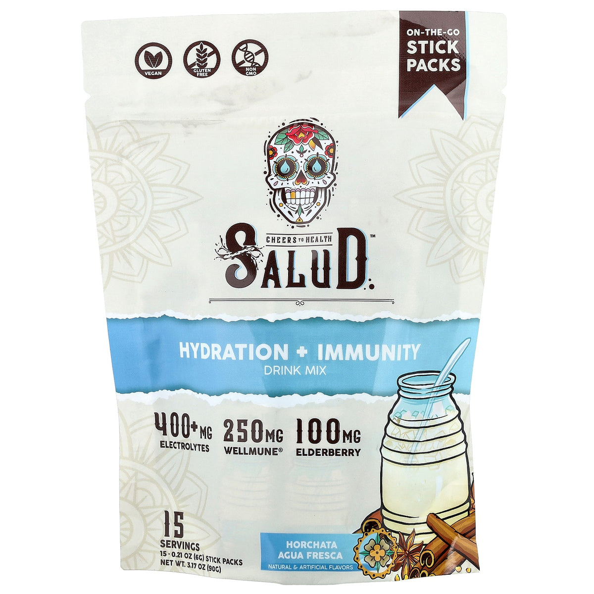 Salud, Hydration + Immunity Drink Mix, Horchata Agua Fresca, 15 Stick Packs, 0.21 oz (6 g) Each