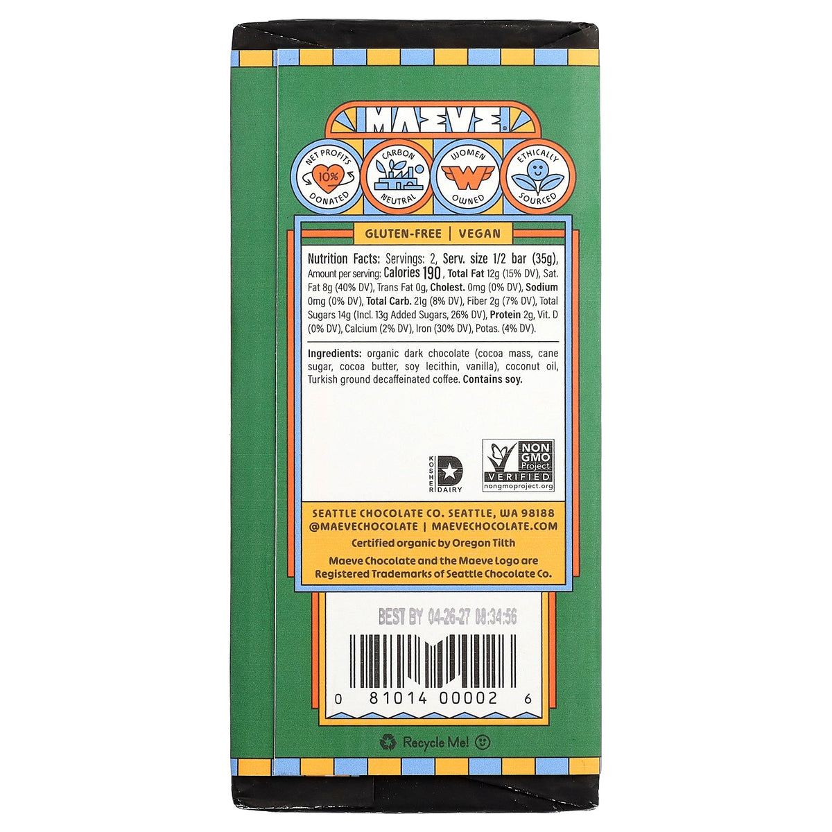 Maeve Chocolate, Dark Chocolate Truffle Bar, Pike Place Espresso, 2.5 oz (70 g)