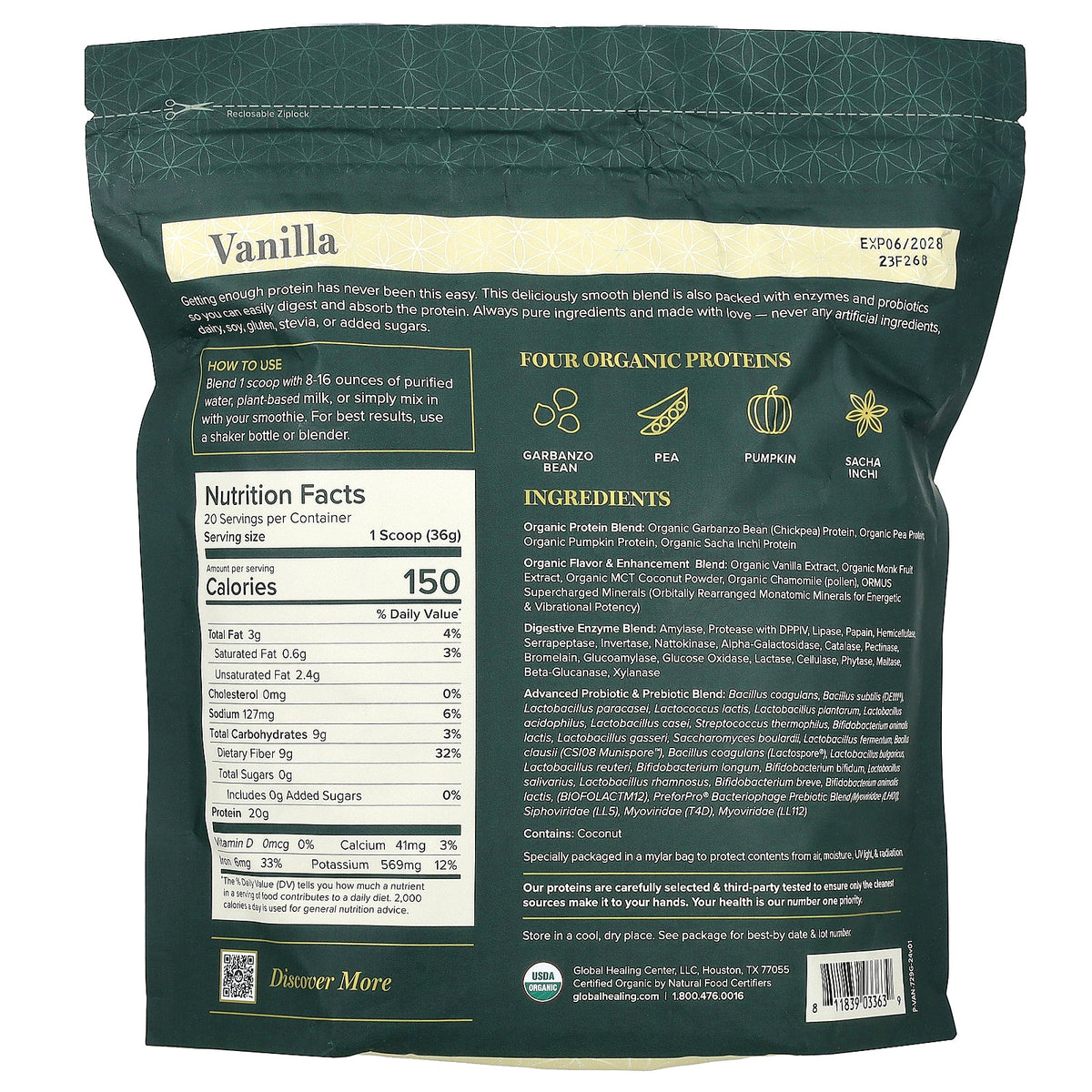 Global Healing, Organic Pure Plant Protein, Vanilla, 1.6 lb (729 g)