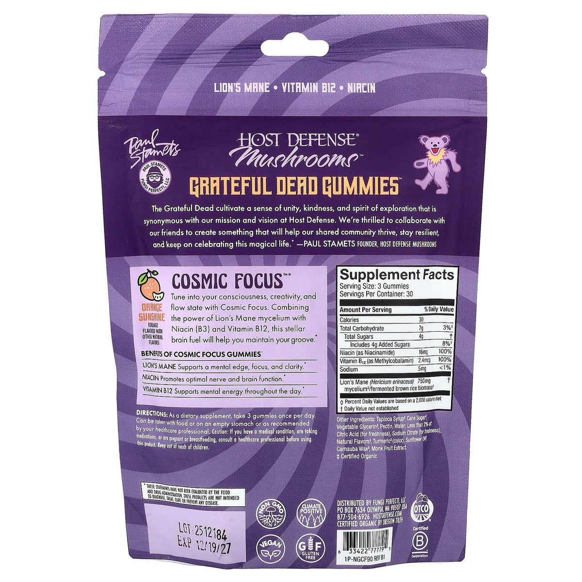 Host Defense, Mushrooms™, Grateful Dead Gummies™, Cosmic Focus™, Orange Sunshine, 90 Gummies