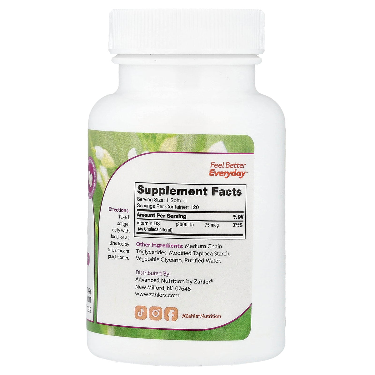 Zahler, Vitamin D3, 75 mcg (3,000 IU), 120 Softgels