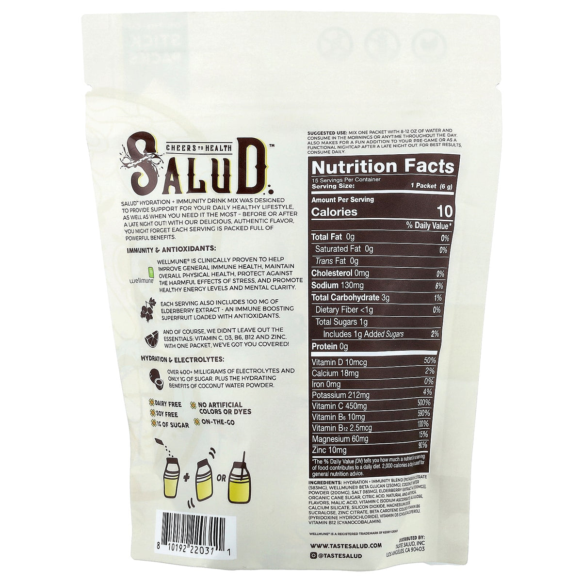Salud, Hydration + Immunity Drink Mix, Pina Colada, 15 Stick Packs, 0.21 oz (6 g) Each
