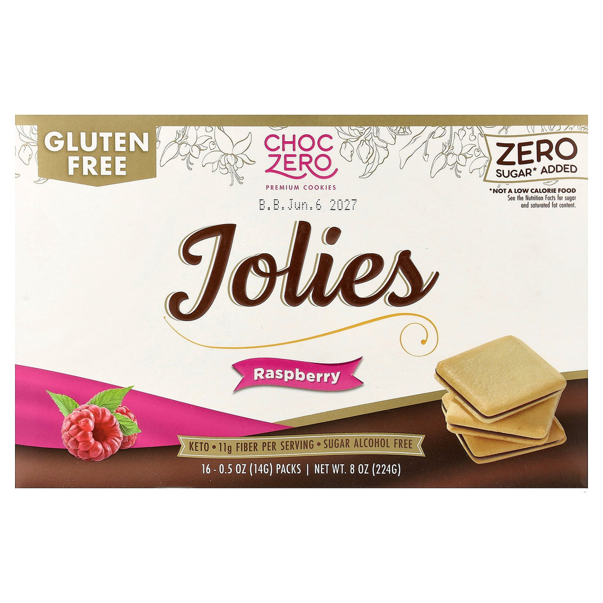ChocZero, Premium Cookies, Jolies, Raspberry, 16 Packs, 0.5 oz (14 g) Each