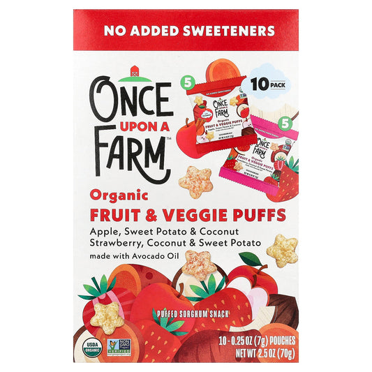 Once Upon A Farm, Organic Fruit & Veggie Puffs, Crawler, Variety Pack, 10 Pouches, 0.25 oz (7 g) Each