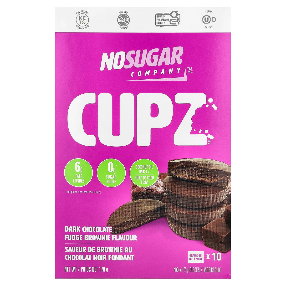 No Sugar Company, Cupz™, Dark Chocolate Fudge Brownie, 10 Packs, 0.6 oz (17 g) Each