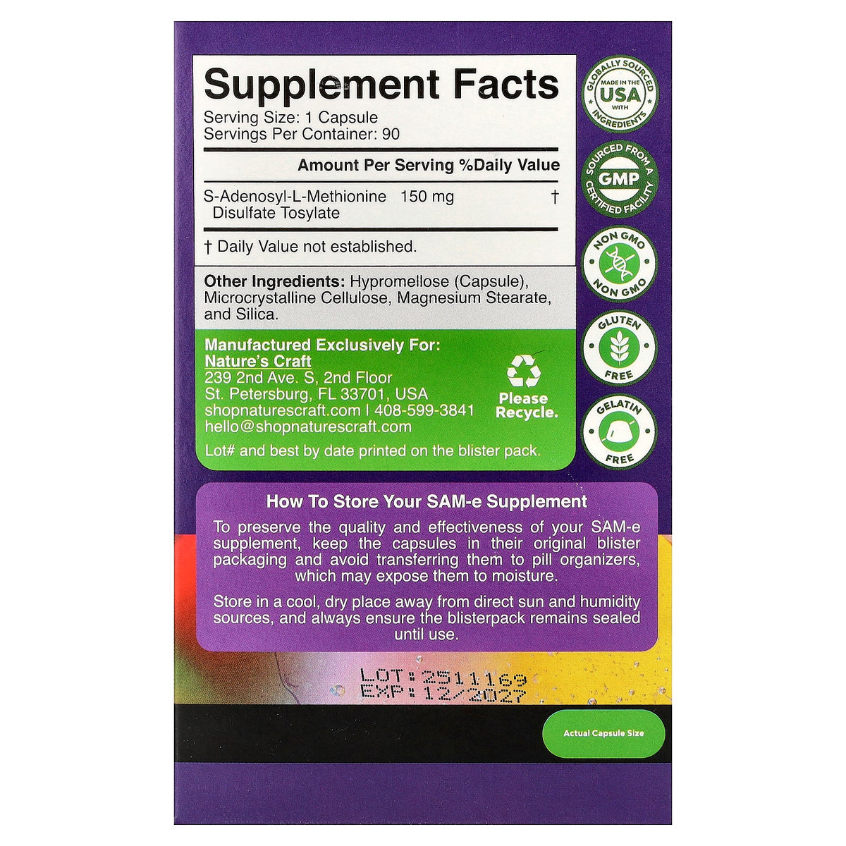 Nature's Craft, SAM-e, 90 Capsules (150 mg per Capsule)