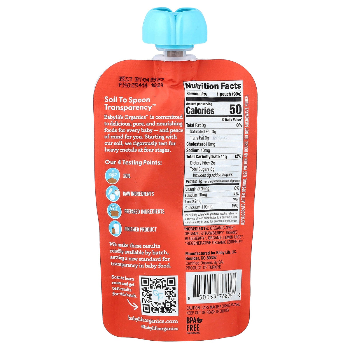 BabyLife Organics, Baby Food, 6+ Months, Apple, Strawberry & Blueberry, 6 Pouches, 3.5 oz (99 g) Each