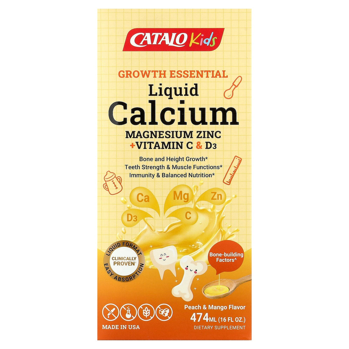 CATALO, Kids Liquid Calcium, Magnesium Zinc + Vitamin C & D3, Peach & Mango, 16 fl oz (474 ml)