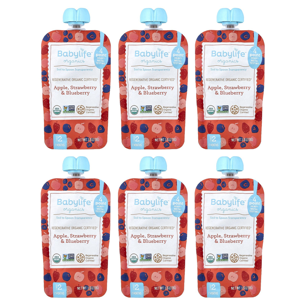 BabyLife Organics, Baby Food, 6+ Months, Apple, Strawberry & Blueberry, 6 Pouches, 3.5 oz (99 g) Each