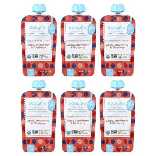 BabyLife Organics, Baby Food, 6+ Months, Apple, Strawberry & Blueberry, 6 Pouches, 3.5 oz (99 g) Each