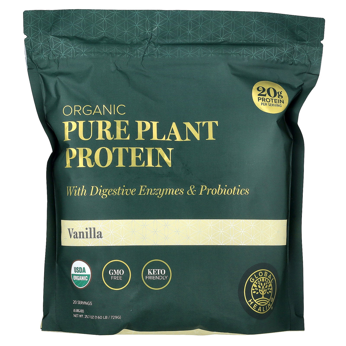 Global Healing, Organic Pure Plant Protein, Vanilla, 1.6 lb (729 g)