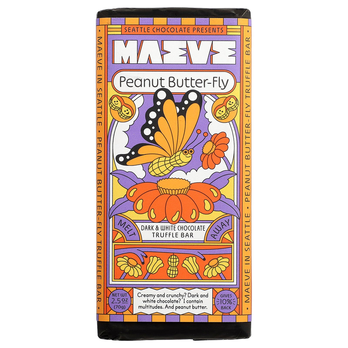 Maeve Chocolate, Dark & White Chocolate Truffle Bar, Peanut Butter-Fly, 2.5 oz (70 g)