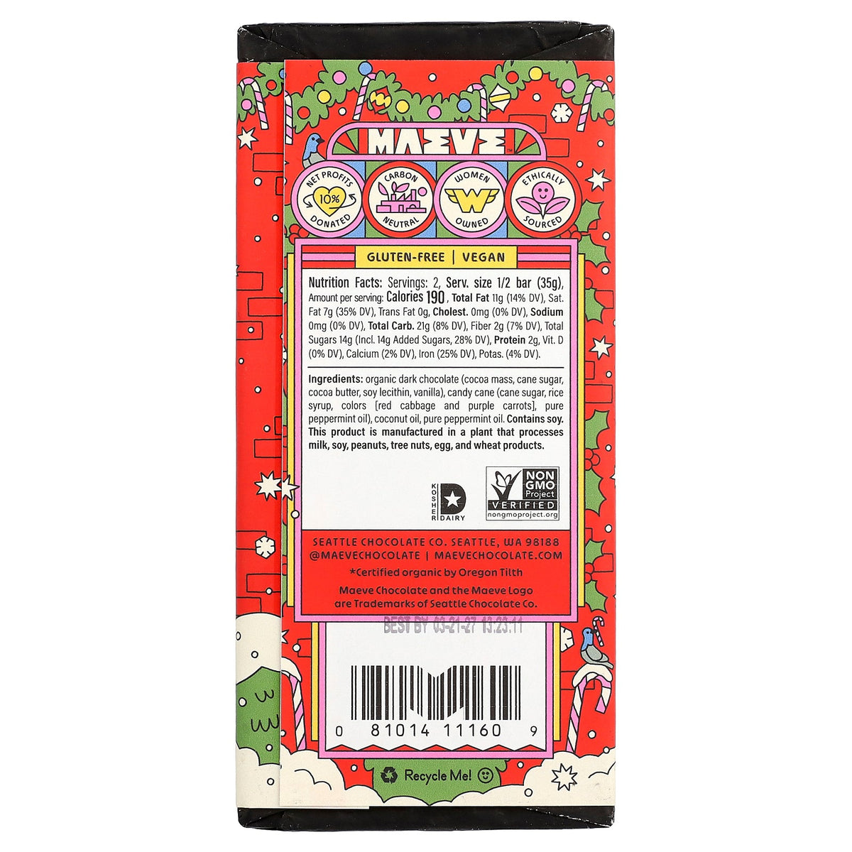 Maeve Chocolate, Dark Chocolate Truffle Bar, Candy Cane, 2.5 oz (70 g)