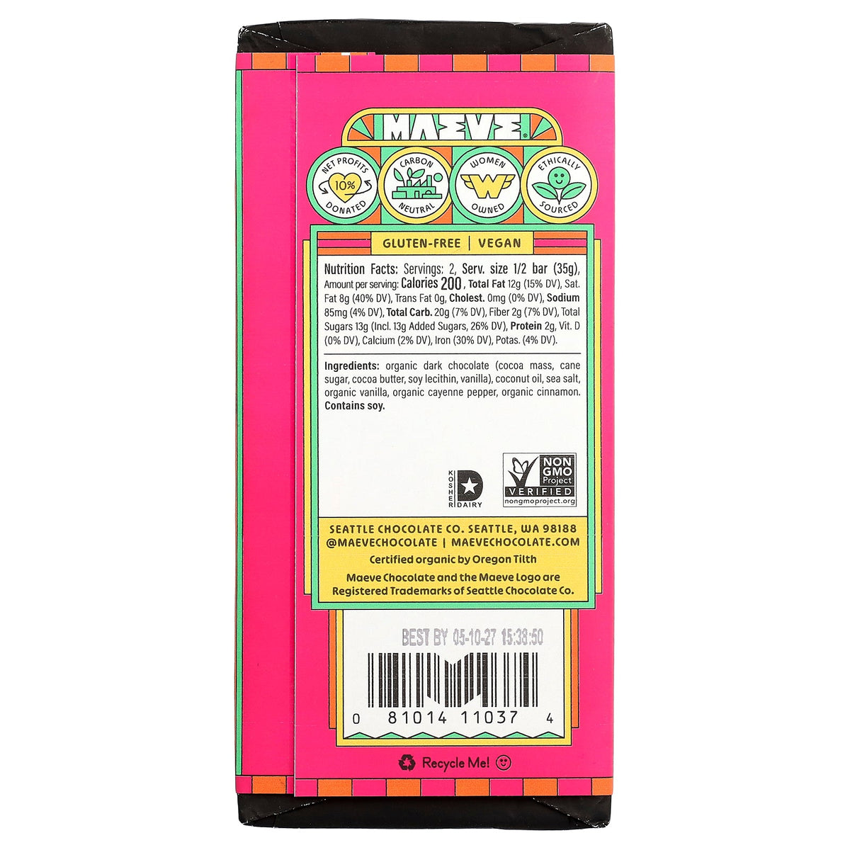 Maeve Chocolate, Dark Chocolate Truffle Bar, Mexican Hot Chocolate, 2.5 oz (70 g)