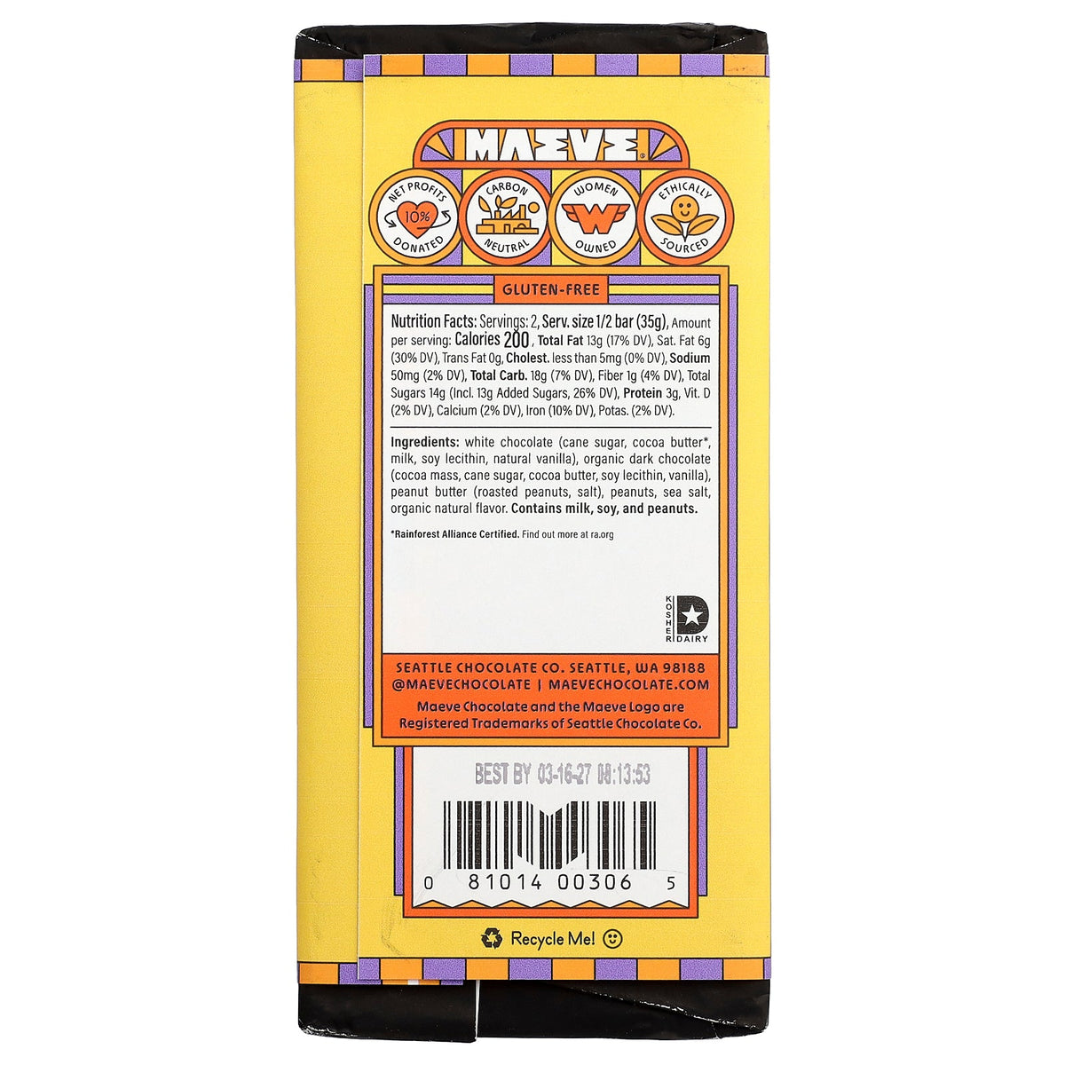 Maeve Chocolate, Dark & White Chocolate Truffle Bar, Peanut Butter-Fly, 2.5 oz (70 g)